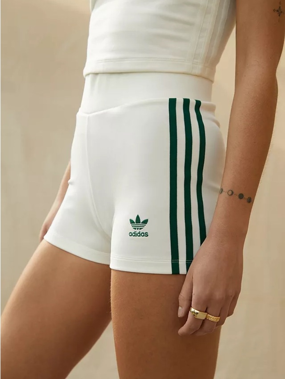 adidas White High-Rise 3-Stripe Bike Shorts with Green Logo